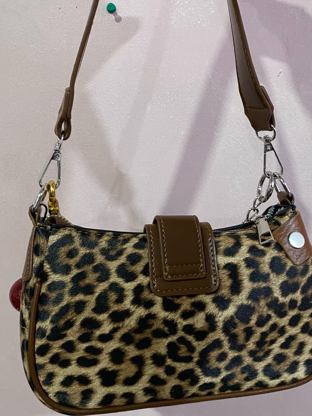 Brown Leopard-Accent Shoulder Bag with Cherry Charm - Picture 3 of 3